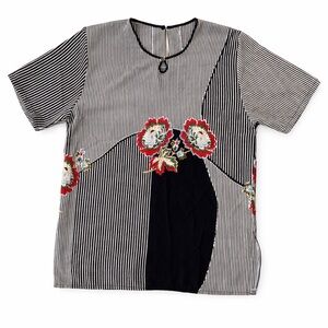 Vintage CHLOE Paris 1980s black striped floral shirt blouse top large XL